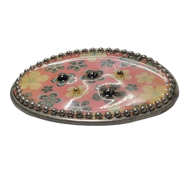 Pink Floral Enamel Belt Buckle 3.5" Oval • Beaded Edge • Silver-Tone - Picture 3 of 9